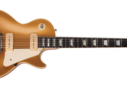 Gibson Les Paul Gold Top v pozdější úpravě, tedy již bez nepraktického hrazdového struníku...