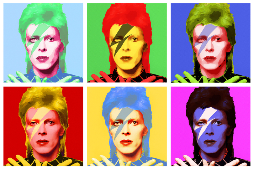 Pokud by někdo aspiroval na vítěze v anketě o největší módní ikonu hudební historie, bude to pravděpodobně David Bowie. | Artwork: Gil Zetbase on Wikimedia commons