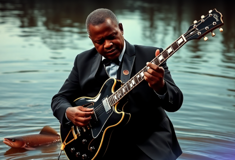 B. B. King v řece Mississippi. | Foto: autor s využitím AI B. B. King v řece Mississippi. | Foto: autor s využitím AI