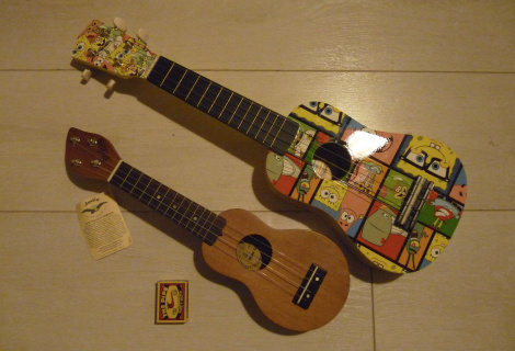 Kapesní ukulele ve srovnání s klasickým sopránovým ukulele.